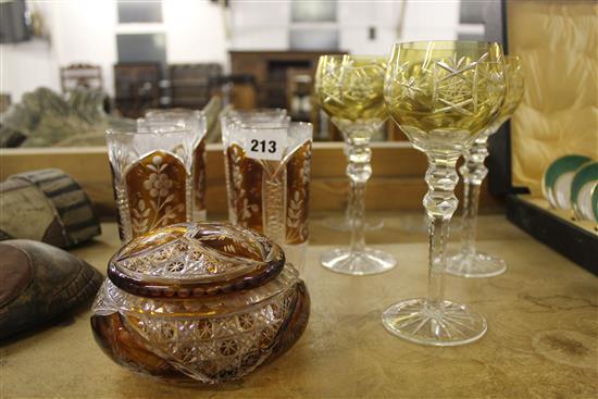 5 amber Hock glasses, lidded bowl & 6 amber water tumblers